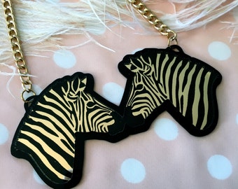 Zebra Black and Gold Necklace, Laser Cut Acrylic, Plastic Jewelry