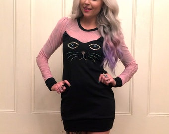 Rhinestone Cat Face Sheer Top Dress MADE TO ORDER