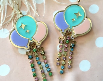 Pastel Balloon and Rhinestone Earrings, Laser Cut Acrylic, Plastic Jewelry