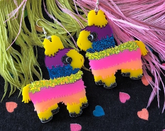 Donkey Piñata Earrings, Laser Cut Acrylic, Plastic Jewelry