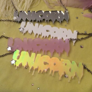 UNICORN Drippy Font Acrylic Necklace in White, Lilac, Silver, or Radiant image 4