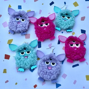 Furry Furby Earrings, Pink, Blue and Purple Pastel Laser Cut Acrylic, Plastic Jewelry image 2