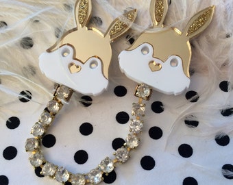 Gold and White Bunny Rabbit Head Collar Clip with Rhinestones, Laser Cut Acrylic, Plastic Jewelry