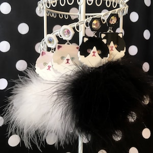 Persian Kitty Cat and Pom Pom Earrings in White or Black & White, Laser Cut Acrylic, Plastic Jewelry