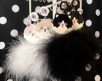 Persian Kitty Cat and Pom Pom Earrings in White or Black & White, Laser Cut Acrylic, Plastic Jewelry