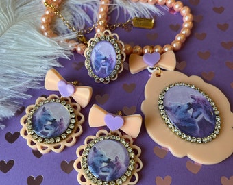 Cameo set or pieces, laser cut plastic costume Jewelry, necklace, earrings, ring Pastel Wolves
