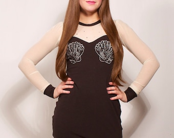 Black and Creme Screen Printed Mermaid Shell Sheer Top Dress MADE TO ORDER