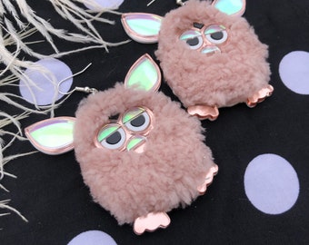 Rose Pink Furry Furby Earrings, Laser Cut Acrylic, Plastic Jewelry