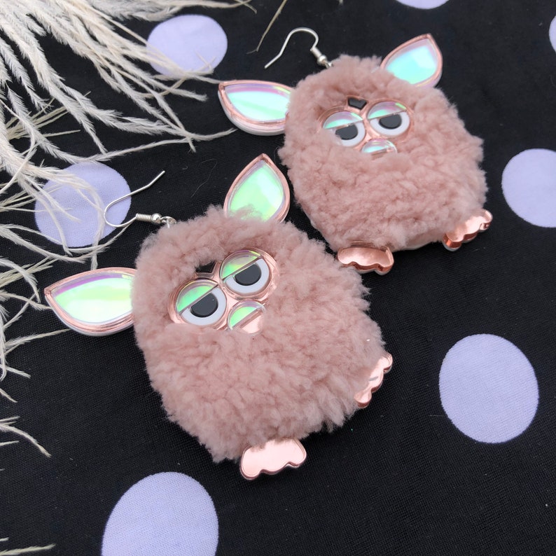 Rose Pink Furry Furby Earrings, Laser Cut Acrylic, Plastic Jewelry image 1