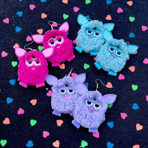 Furry Furby Earrings, Pink, Blue and Purple Pastel Laser Cut Acrylic, Plastic Jewelry
