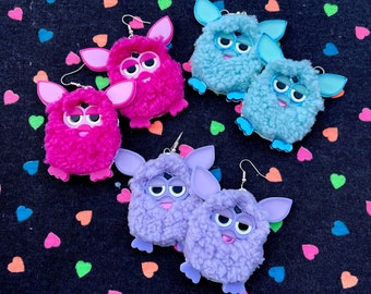 Furry Furby Earrings, Pink, Blue and Purple Pastel Laser Cut Acrylic, Plastic Jewelry