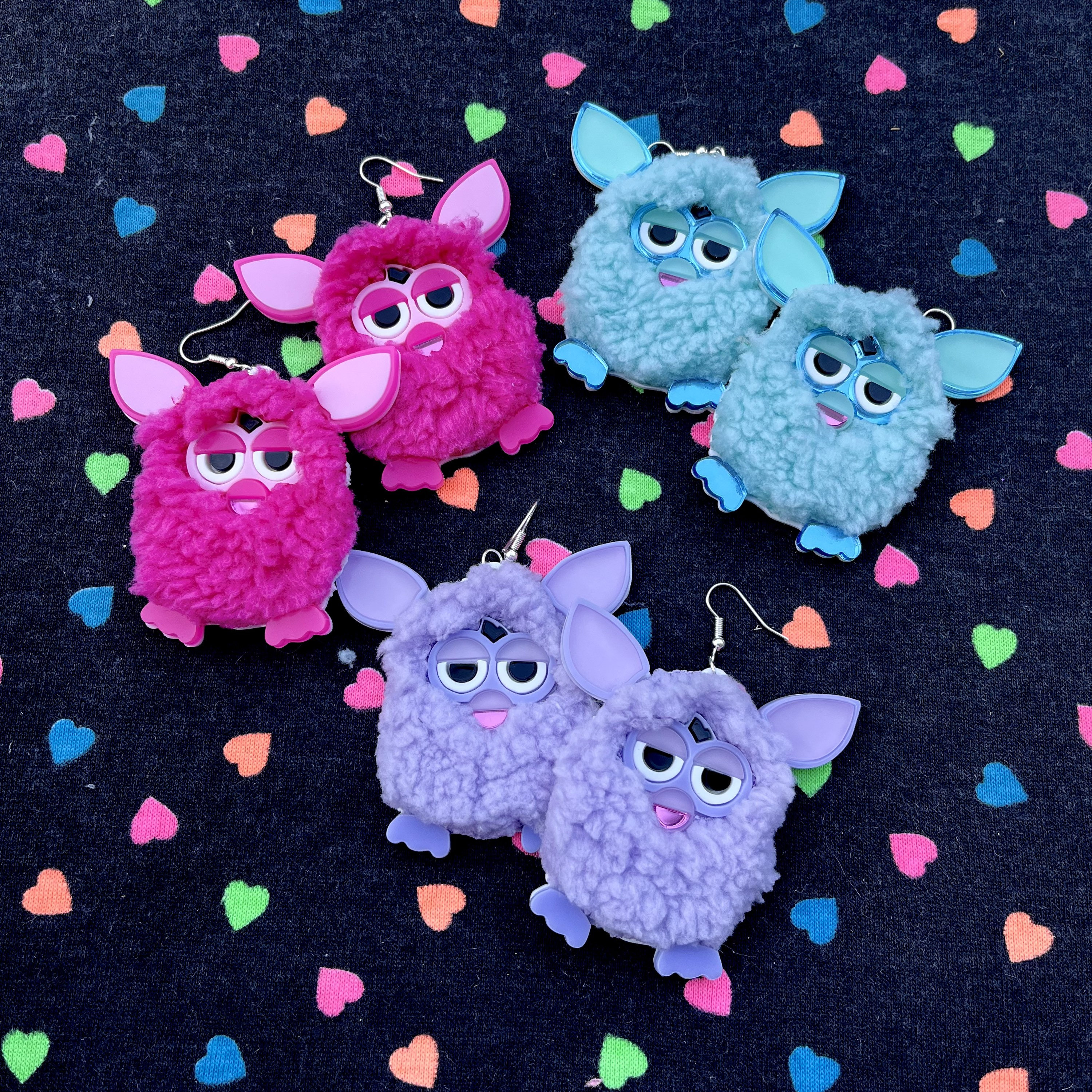 Furry Furby Earrings, Pink, Blue and Purple Pastel Laser Cut