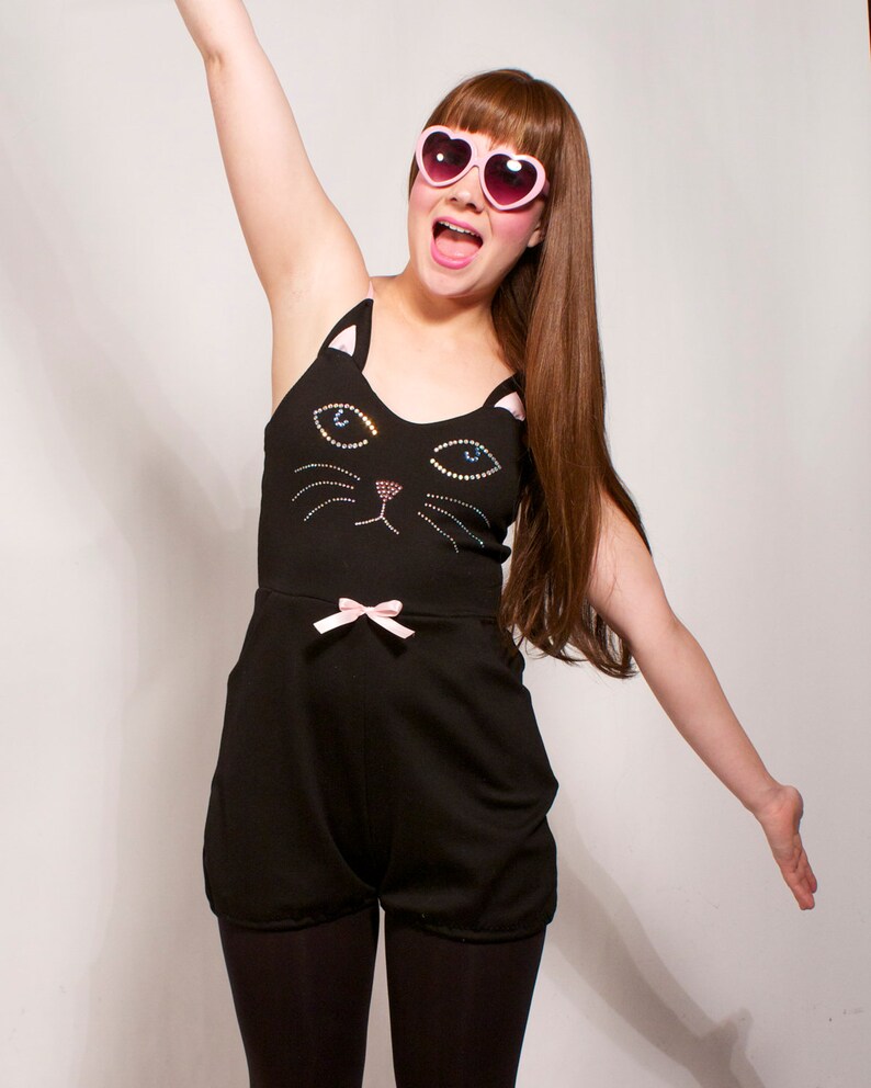 Black Rhinestone Cat Face Playsuit MADE TO ORDER image 4