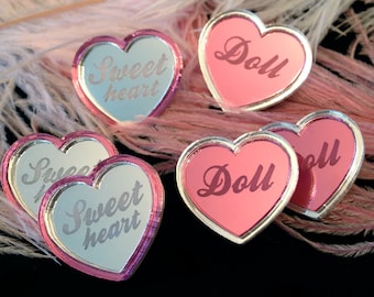 Pink and Silver Mirror Heart Doll or Sweetheart Stud Earring and Ring Set, Laser Cut Acrylic, Plastic Jewelry