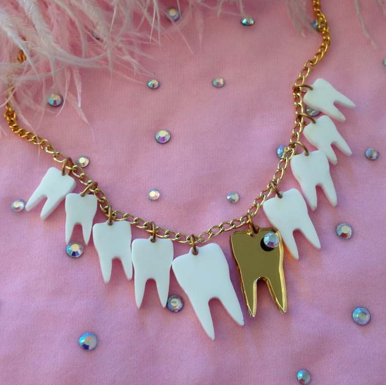 Sweet Tooth Necklace, Teeth, Gold tooth, Laser Cut Acrylic, Plastic Jewelry image 4