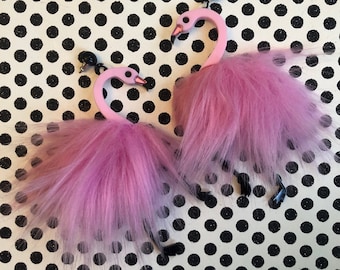 Pom Pom fluff Pink Flamingo Earrings, Laser Cut Acrylic, Plastic Jewelry