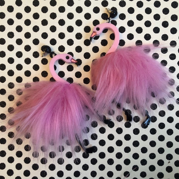 Pom Pom fluff Pink Flamingo Earrings, Laser Cut Acrylic, Plastic Jewelry