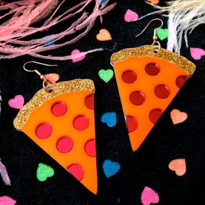 Pizza with Glitter Crust Large Food Earrings, Laser Cut Acrylic, Plastic Jewelry image 2