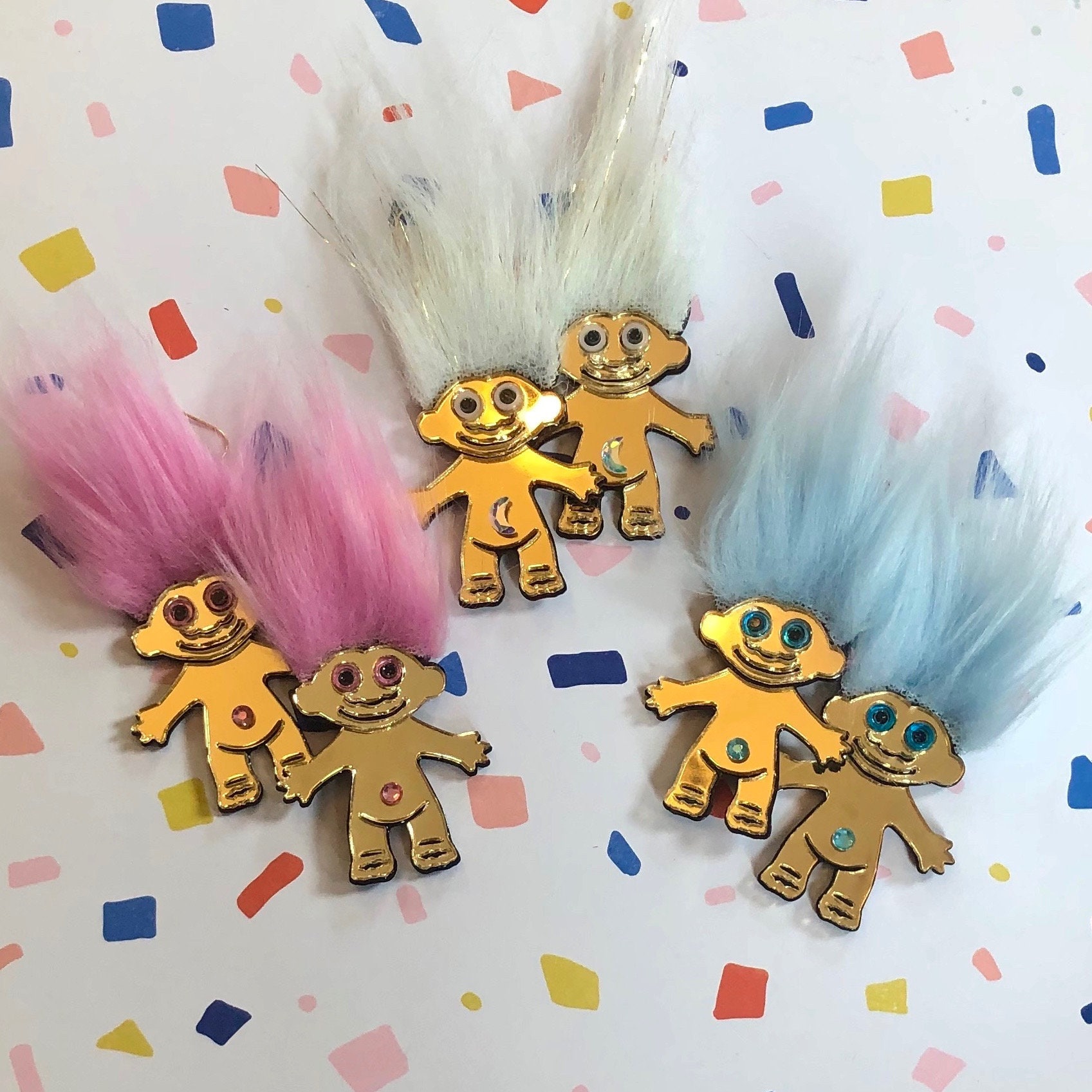 Furry Treasure Troll, Pink, White or Blue, Acrylic Laser Cut