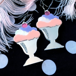 Pastel Ice Cream Sundae Big Dessert Earrings, Laser Cut Acrylic, Plastic Jewelry