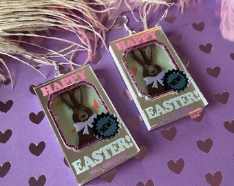 3D Easter Chocolate Candy Bunny Rabbit Box Earrings, Laser Cut Acrylic, Plastic Jewelry