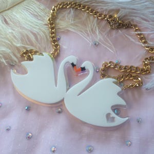 Swans in Love White and Radiant Necklace, Laser Cut Acrylic, Plastic Jewelry