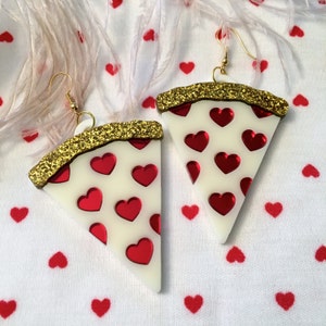 White Pizza with hearts Valentines Laser Cut Acrylic Earrings