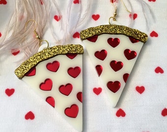 White Pizza with hearts Valentines Laser Cut Acrylic Earrings