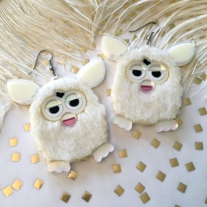 Furry Furby Earrings, Laser Cut Acrylic, Plastic Jewelry