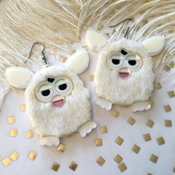 Furry Furby Earrings, Laser Cut Acrylic, Plastic Jewelry