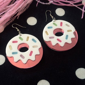 Pink Mirrored and Pastel Sprinkles Doughnuts Laser cut Acrylic Earrings image 2