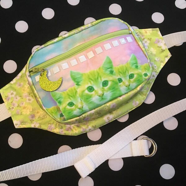 Chartruese and Pastel Kitty Cats and Studs Fannypack