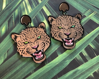 Leopard Black and Mirror Copper Gold Earrings, Laser Cut Acrylic, Plastic Jewelry