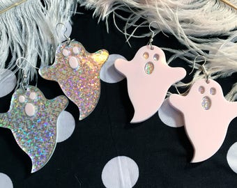 Brincos fantasmas assustadores, prata rosa ou iridescente, acrílico cortado a laser, joias de plástico