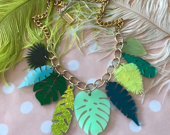 Tropical Leaves Necklace, Laser Cut Acrylic, Plastic Jewelry
