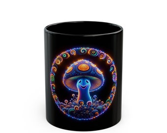 Psychedelische Tasse Zauberpilz-Tasse Spezielle schwarze Tasse Kaffeetasse Lächelnder Pilz Becher Spirituelles Geschenk für Ihn Spirituelles Geschenk für Sie