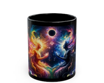 Psychedelische Tasse, kosmischer Dualismus, besondere schwarze Tasse, Kaffeetasse, schamanische Tasse, spirituelles Geschenk für ihn, spirituelles Geschenk für sie