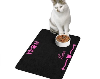 Personalized Cat Food Mat: 'Meow' Paw Print Design, Pet Bowl Mat