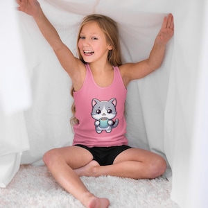 Trendy Tee Alert: Cat Print Tank Top for Girls, Chocolate Lovers Gift, Adorable Cat Tank Top Perfect for Youth, Sleeveless Shirt