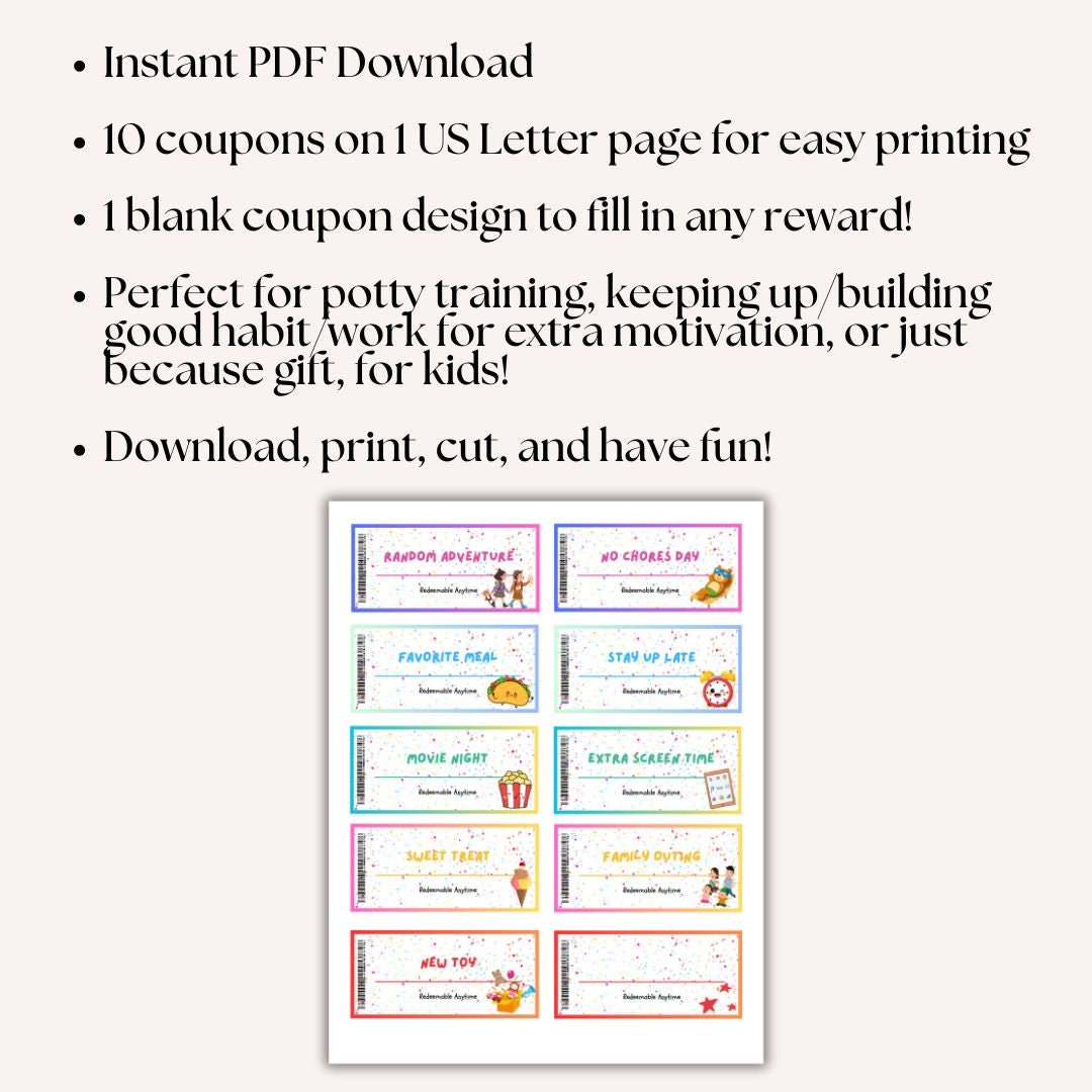 Kids Reward Coupon Ideas Chore Reward Printable Pdf Potty Training Habit Tracker Printable ...