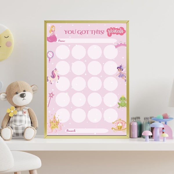 kid reward chart printable princess girl theme reward tracker list chore chart habit reward ideas Montessori learning