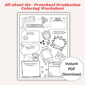 todo sobre mí preescolar graduación niños hoja de trabajo tarjeta para colorear imprimible niño cumpleaños diy hito recuerdo actividad de regalo