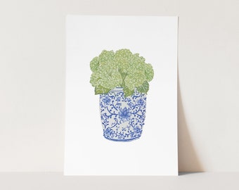 Green Hydrangea Chinoiserie Art Print | Unframed Acrylic Painting Print | Floral Classic Coastal Painting | Grandmillennial Original Art