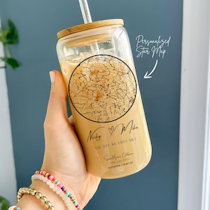 Vaso de vidrio personalizado con mapa estelar, taza para café helado de 16 oz con tapa y pajita, regalo para pareja, lata de vidrio, mapa del cielo nocturno personalizado, regalo de boda