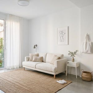 Puede incluir: Una sala de estar luminosa con un sofá de color crema con cojines a juego, una alfombra rectangular grande de yute, cortinas blancas transparentes de piso a techo, una mesa auxiliar blanca pequeña, una lámpara de pared y un dibujo lineal.
