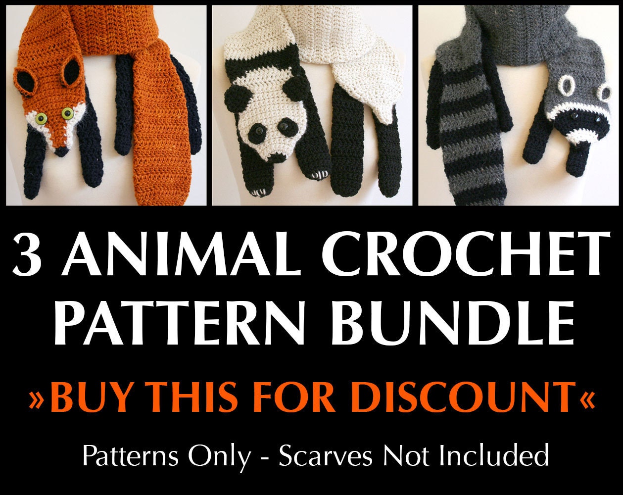 Animal Scarf Crochet Pattern Bundle: Fox, Raccoon, Panda (digital