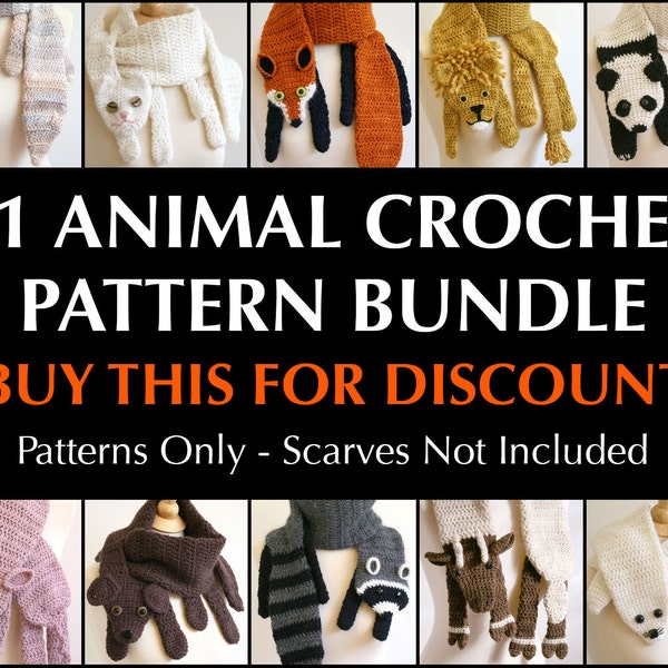 Digital PDF Crochet Pattern Bundle - 11 Crochet Patterns for Animal Scarves - DIY Fashion Tutorial - Instant Download - ENGLISH only