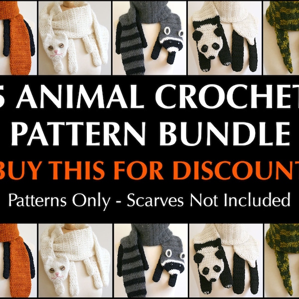 Digital PDF Crochet Pattern Bundle - 5 Crochet Patterns for Animal Scarves - DIY Fashion Tutorial - Instant Download - ENGLISH only