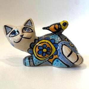Handmade Ceramic Cat Figurine — Colorful Sculpture, Cute Home Decor & Gift, One-of-a-Kind