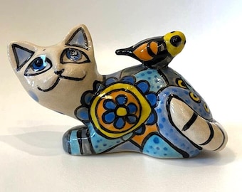 Handmade Ceramic Cat Figurine — Colorful Sculpture, Cute Home Decor & Gift, One-of-a-Kind